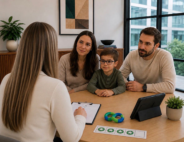 Consultation - Precision Educational Diagnostics Photo of a family meeting with a counselor